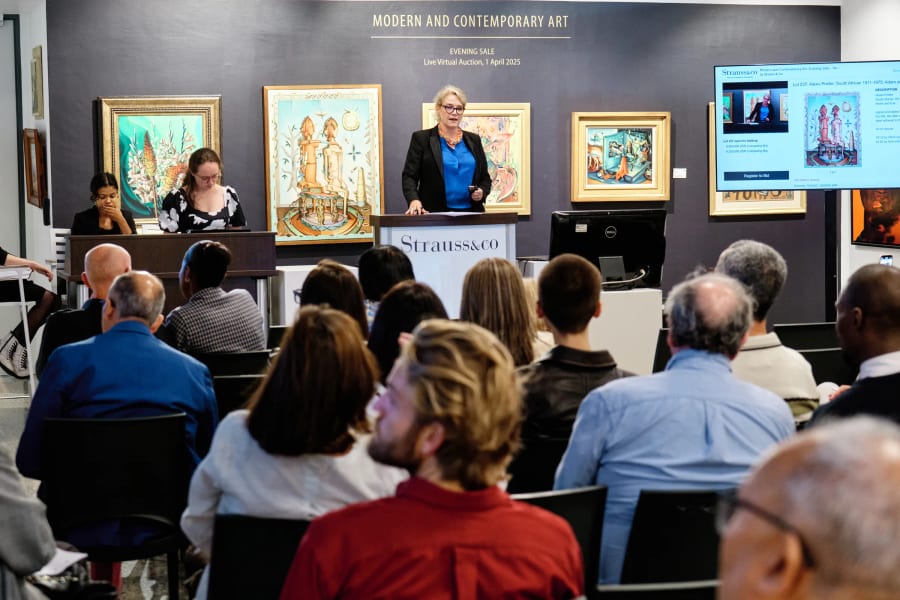 Wide view of the saleroom during a modern and contemporary art auction, Cape Town