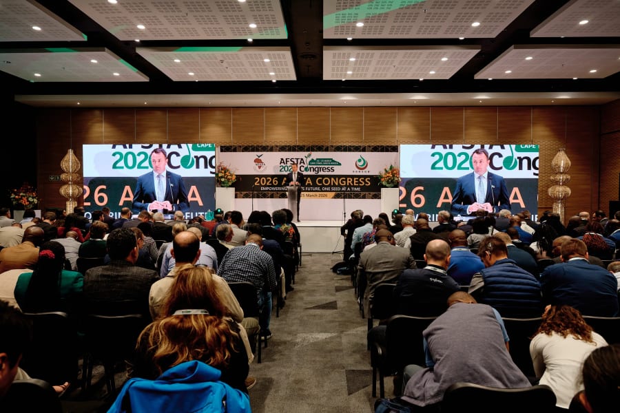Wide view from the back of a packed congress hall during a plenary, AFSTA Congress 2026, Cape Town