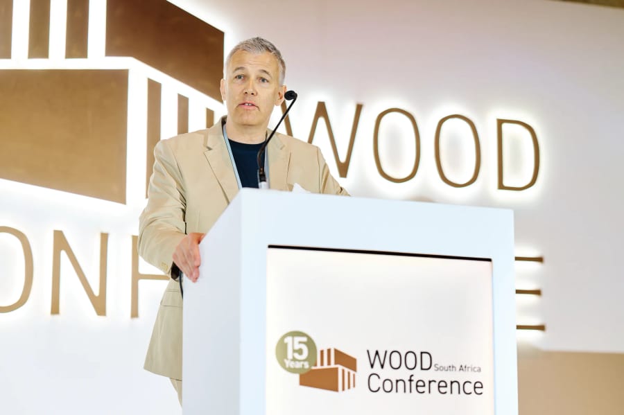 Speaker at the podium under the conference signage, 15th WOOD South Africa Conference, CTICC, Cape Town