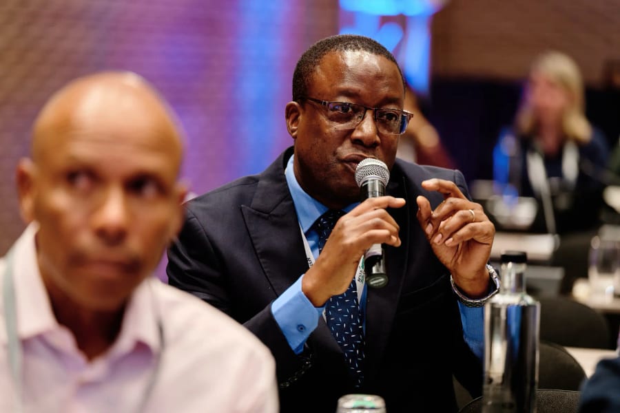 Conference delegate speaking on the microphone, South Africa