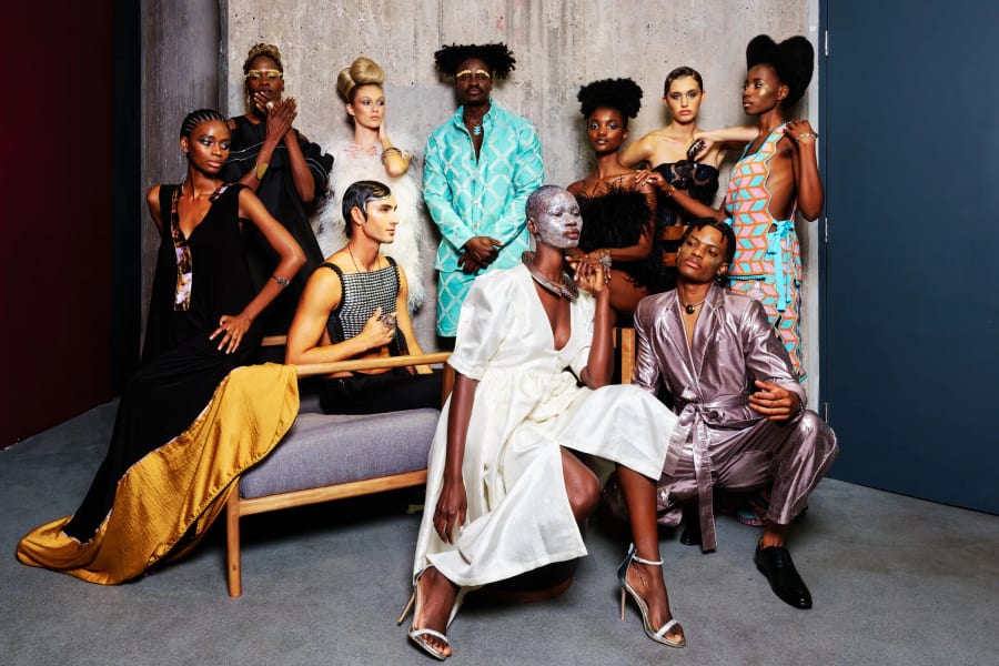 Models wearing the Mineshift collection grouped for a portrait, Zeitz MOCAA, Cape Town