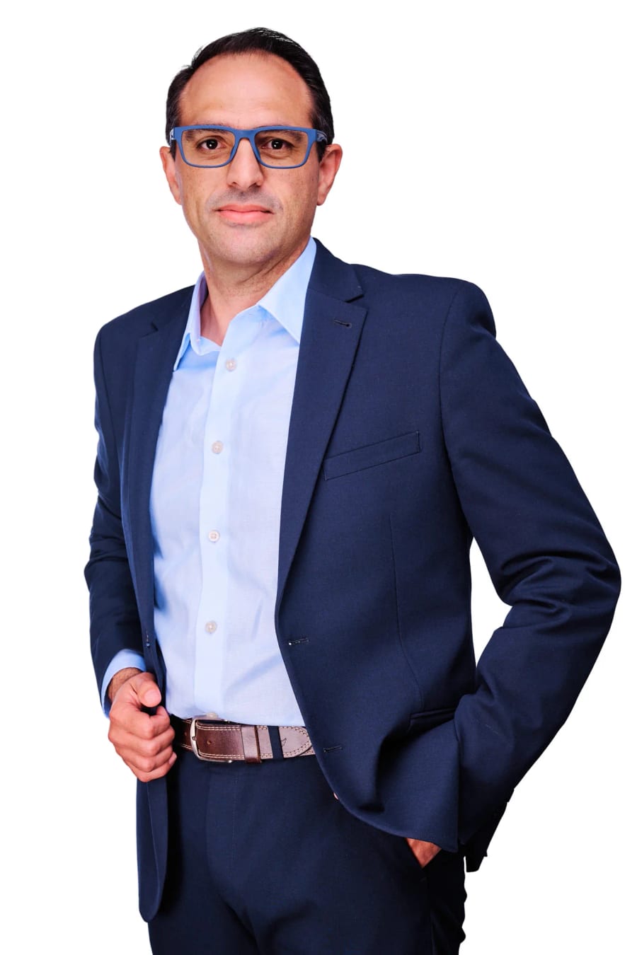 Three-quarter-length branding portrait in a navy suit, Cape Town