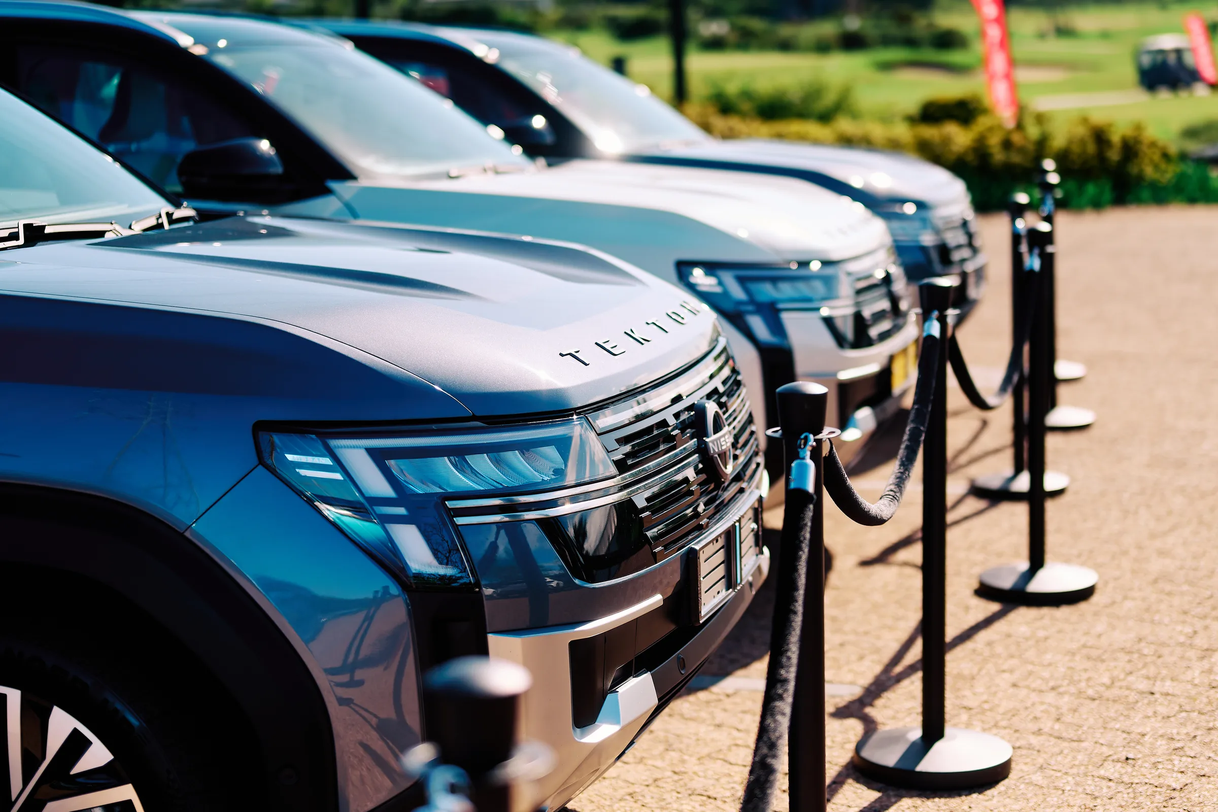 The launch vehicles lined up behind the rope barrier ahead of the drive session, Hazendal Wine Estate, Stellenbosch