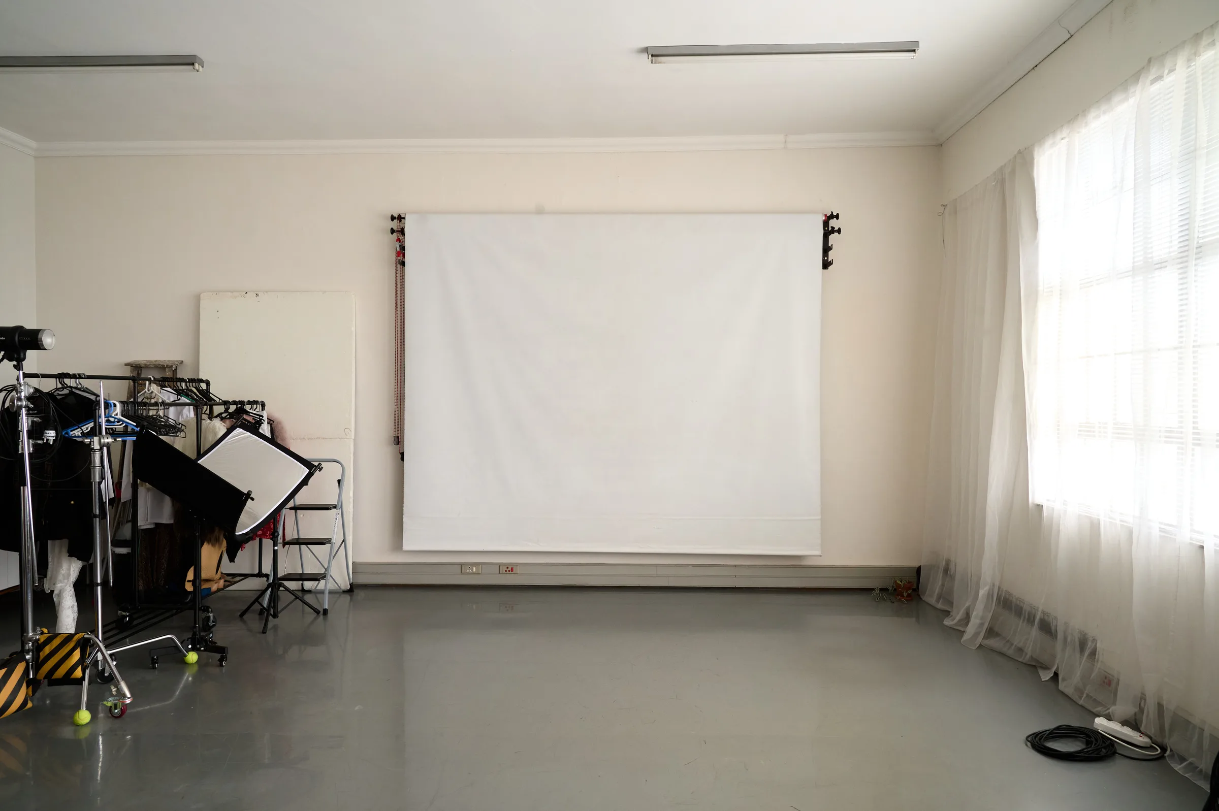 Studio backdrop setup with white PVC and black fabric, Woodstock, Cape Town