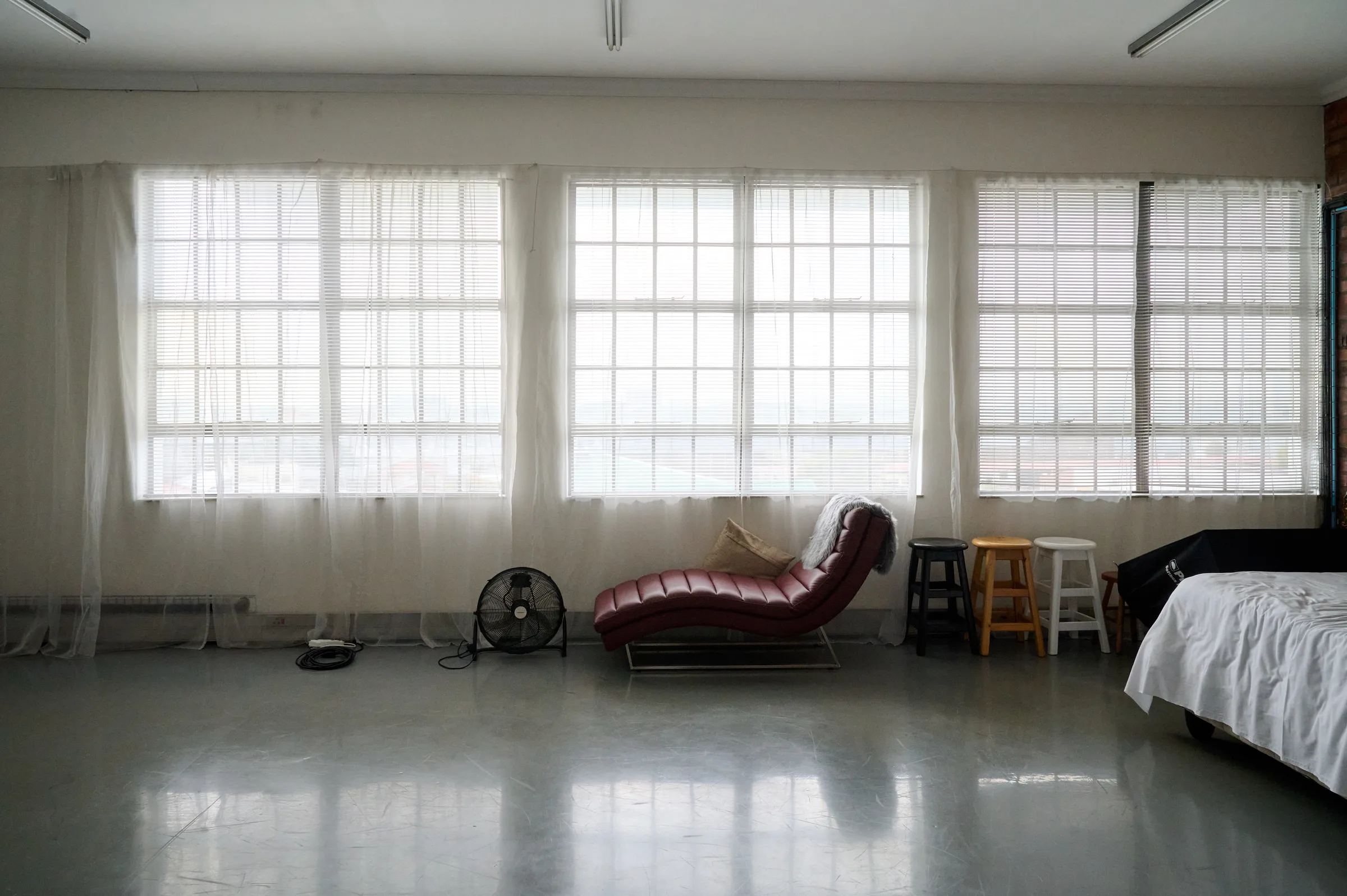 North-facing windows and natural daylight in the Woodstock photography studio, Cape Town