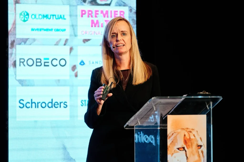Rebecca Davies during keynote presentation, event photography
